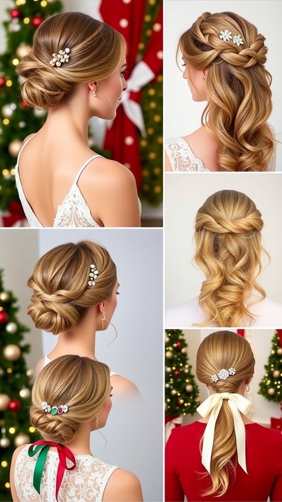 A collection of stylish Christmas hairstyles with festive accessories.